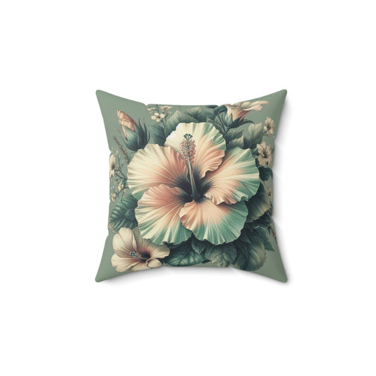 Square Pillow - Pale Rose and Green Hibiscus Flower Design
