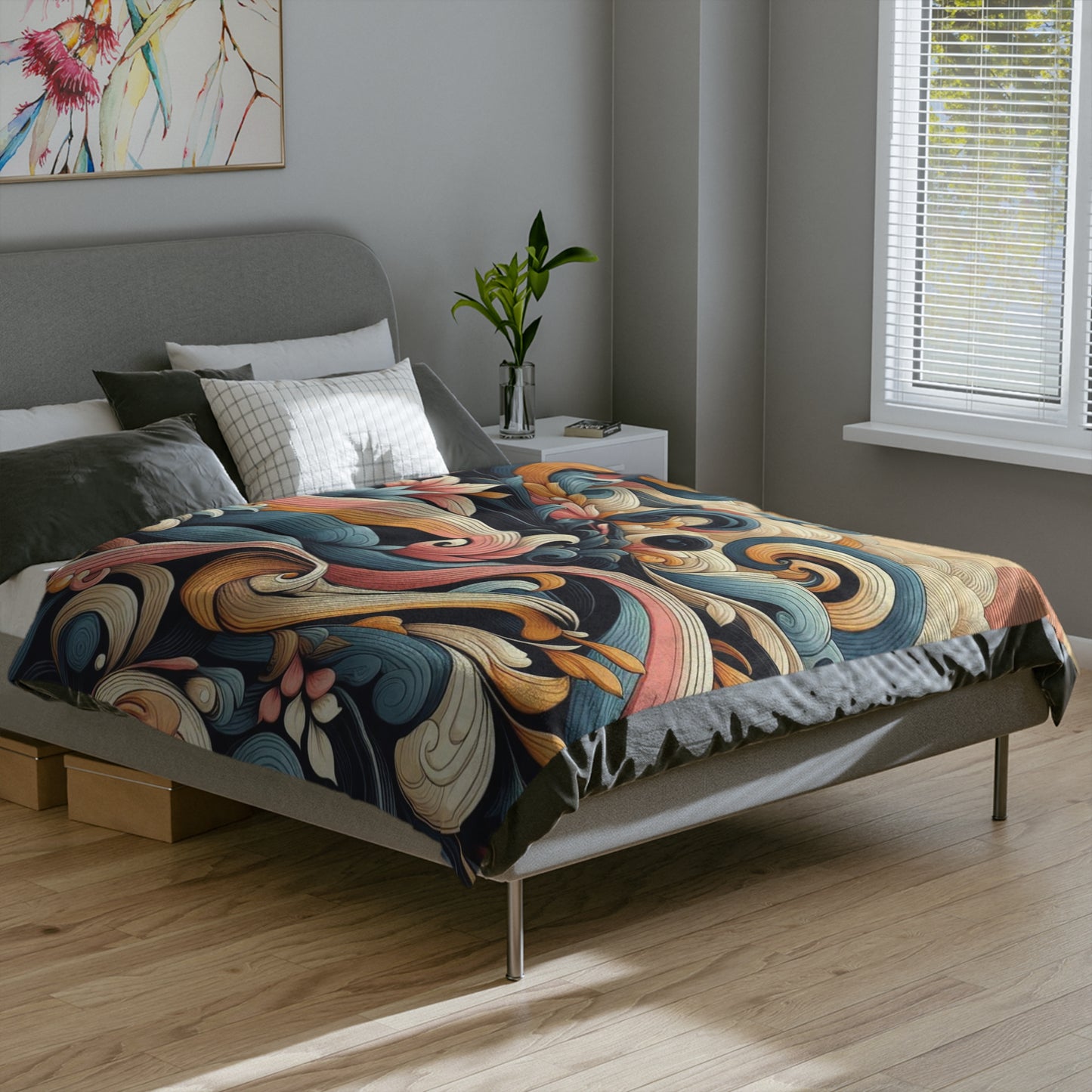 Artistic Waves Velveteen Blanket - Cozy Decorative Throw with Floral Design