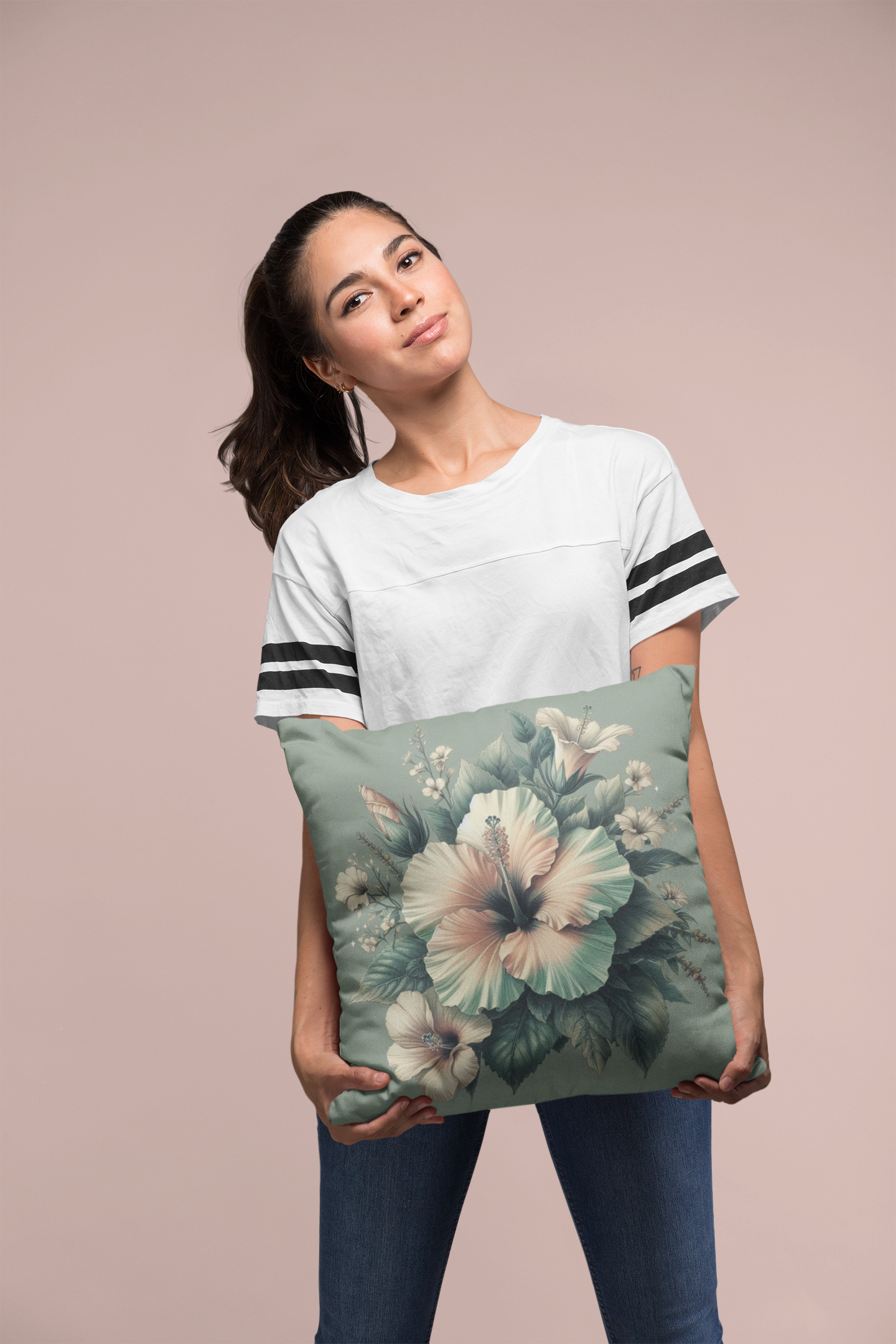 Square Pillow - Pale Rose and Green Hibiscus Flower Design
