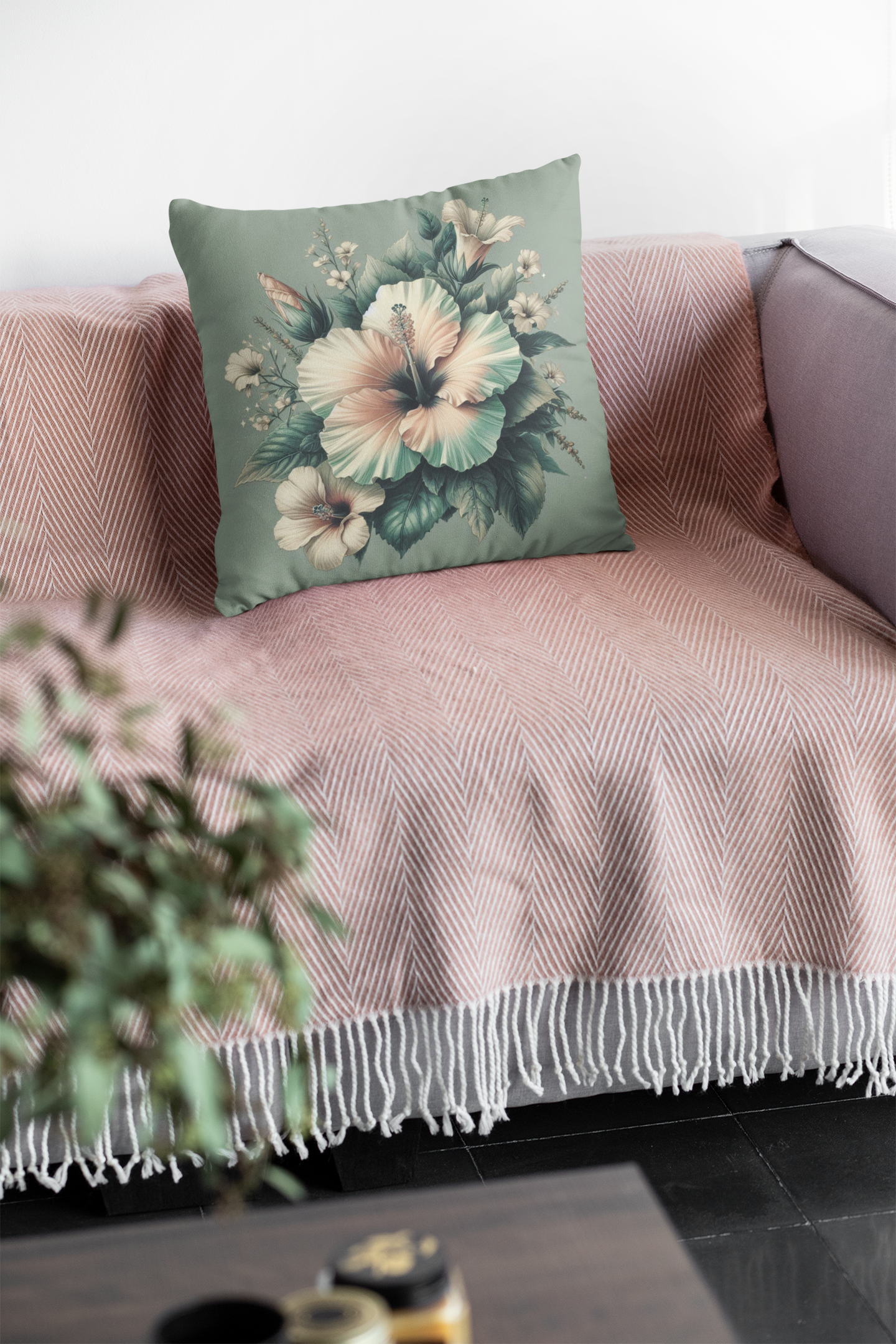 Square Pillow - Pale Rose and Green Hibiscus Flower Design