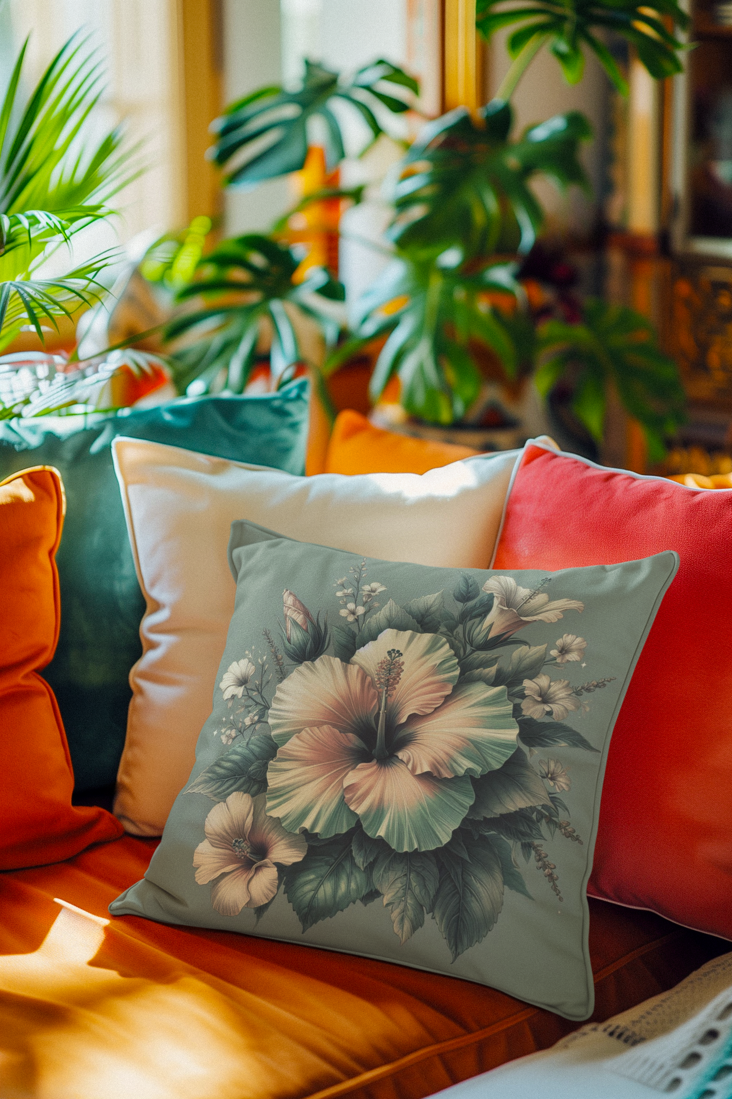 Square Pillow - Pale Rose and Green Hibiscus Flower Design