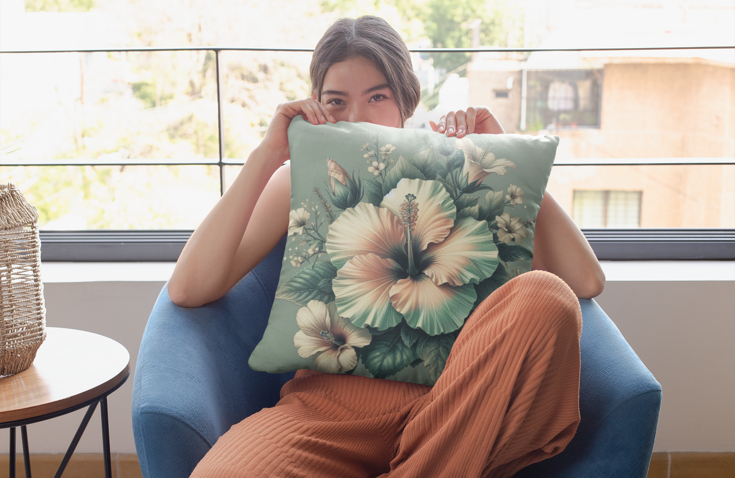 Square Pillow - Pale Rose and Green Hibiscus Flower Design