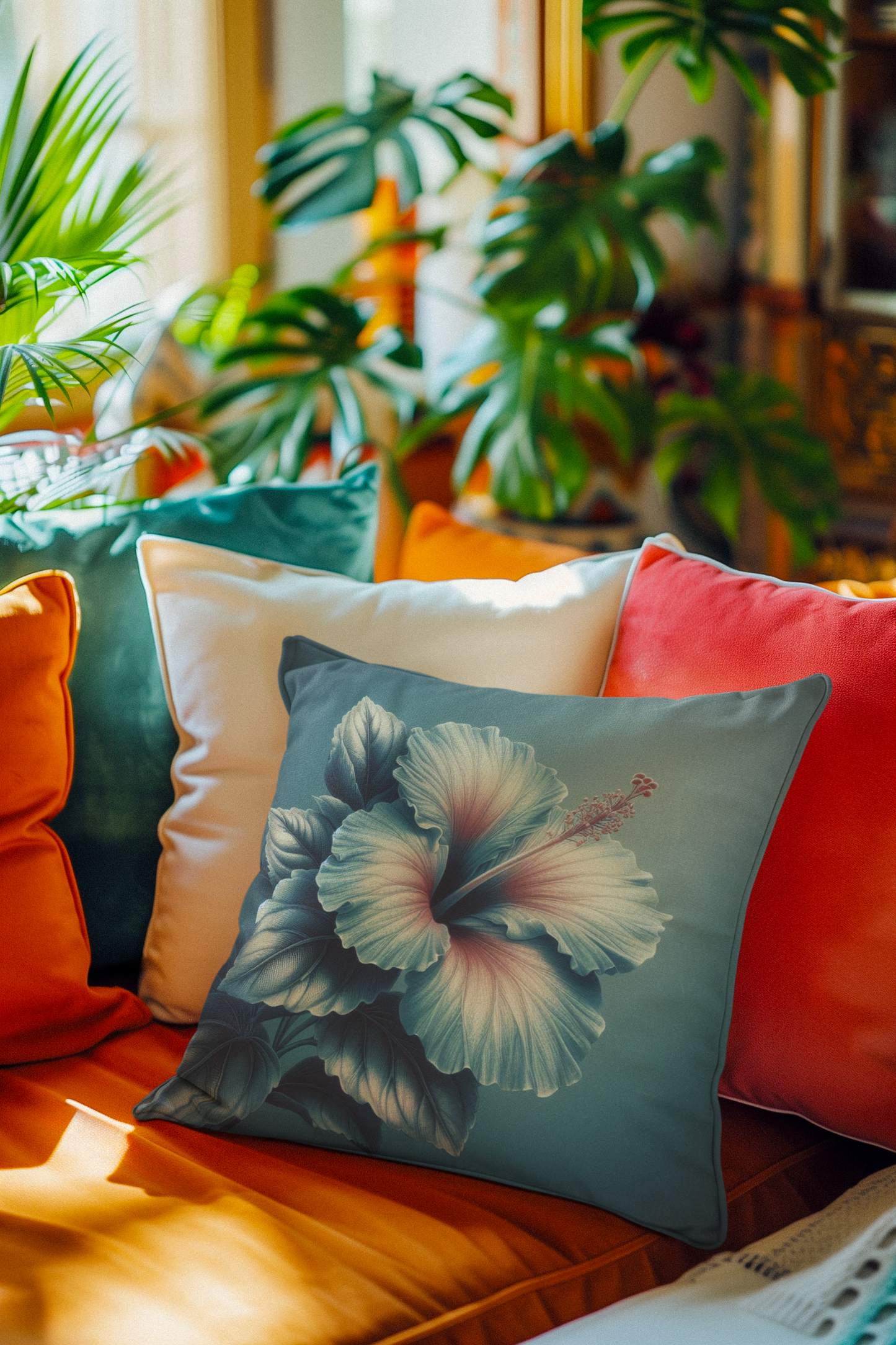 Blue tones hibiscus square pillow