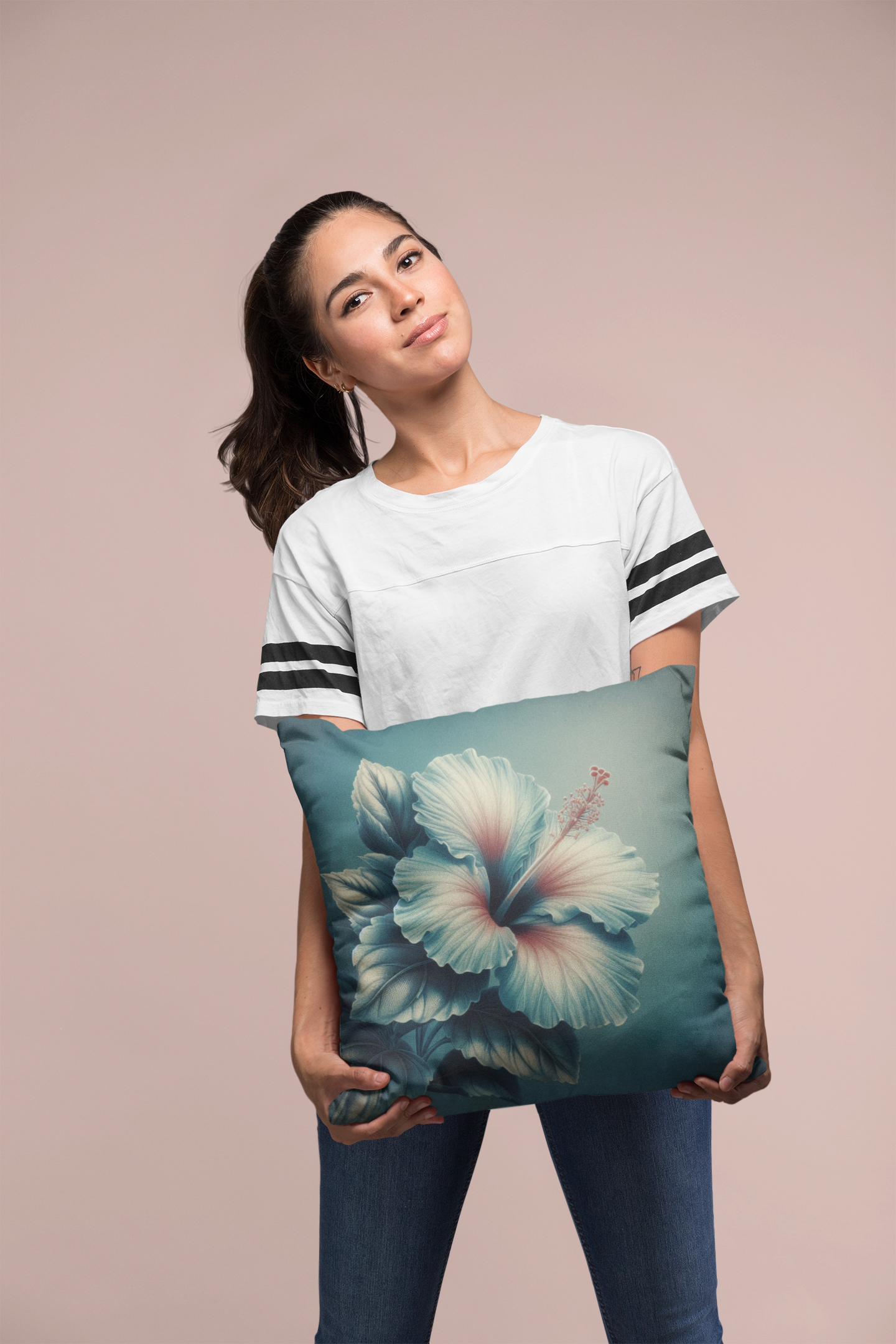 Blue tones hibiscus square pillow