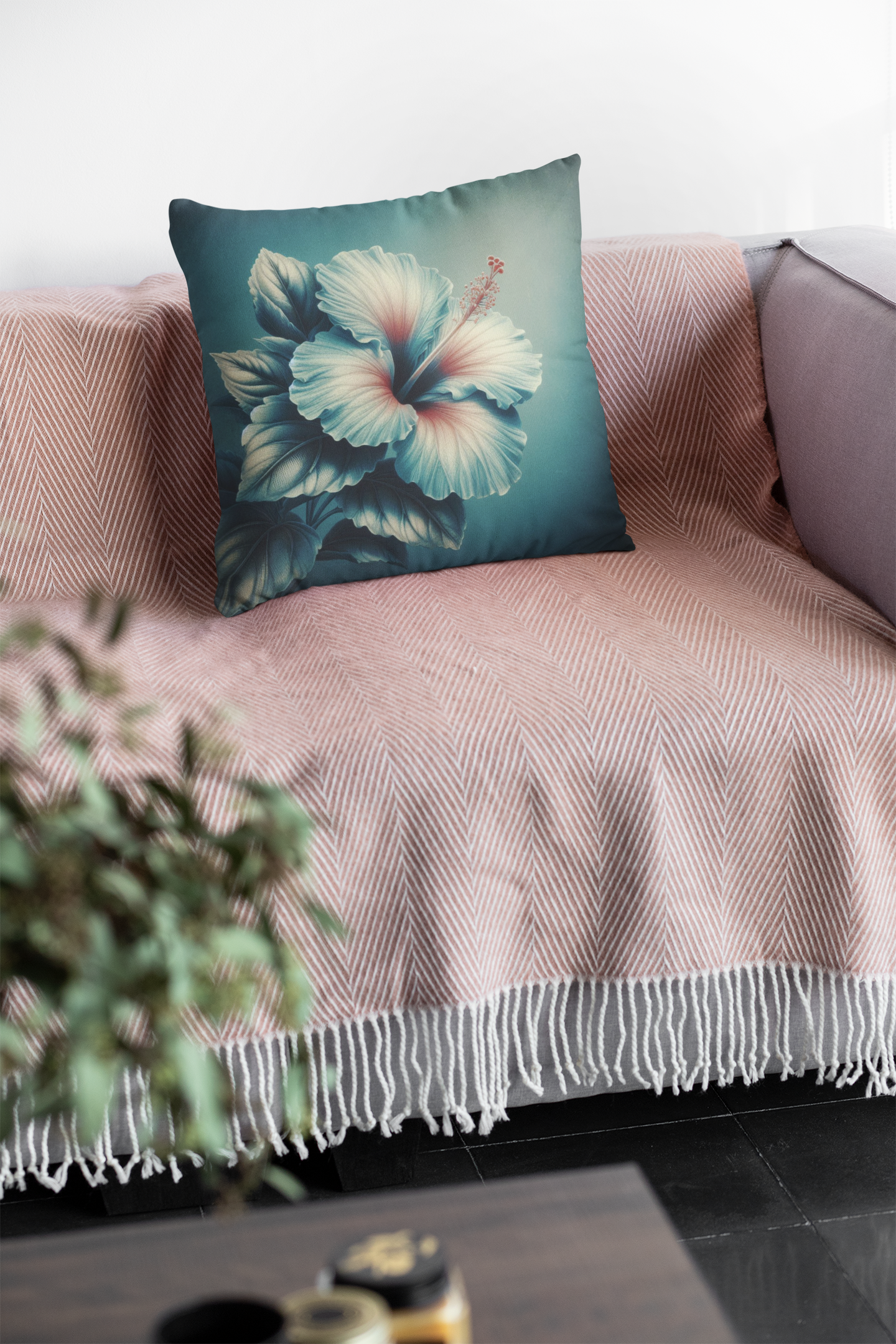 Blue tones hibiscus square pillow