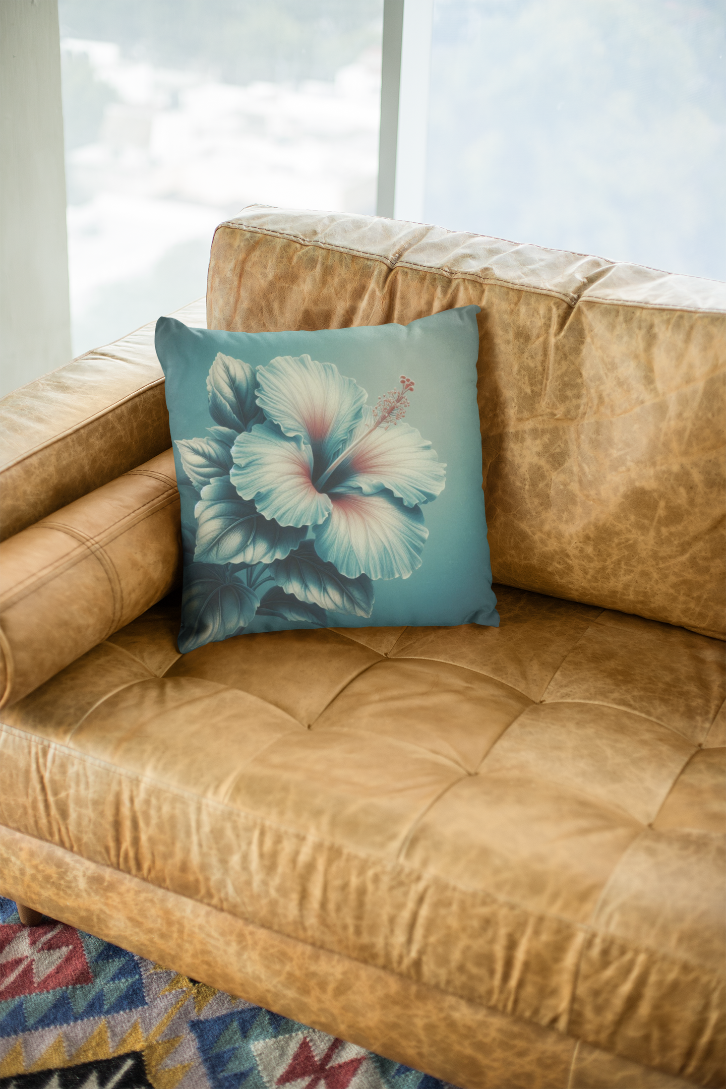 Blue tones hibiscus square pillow