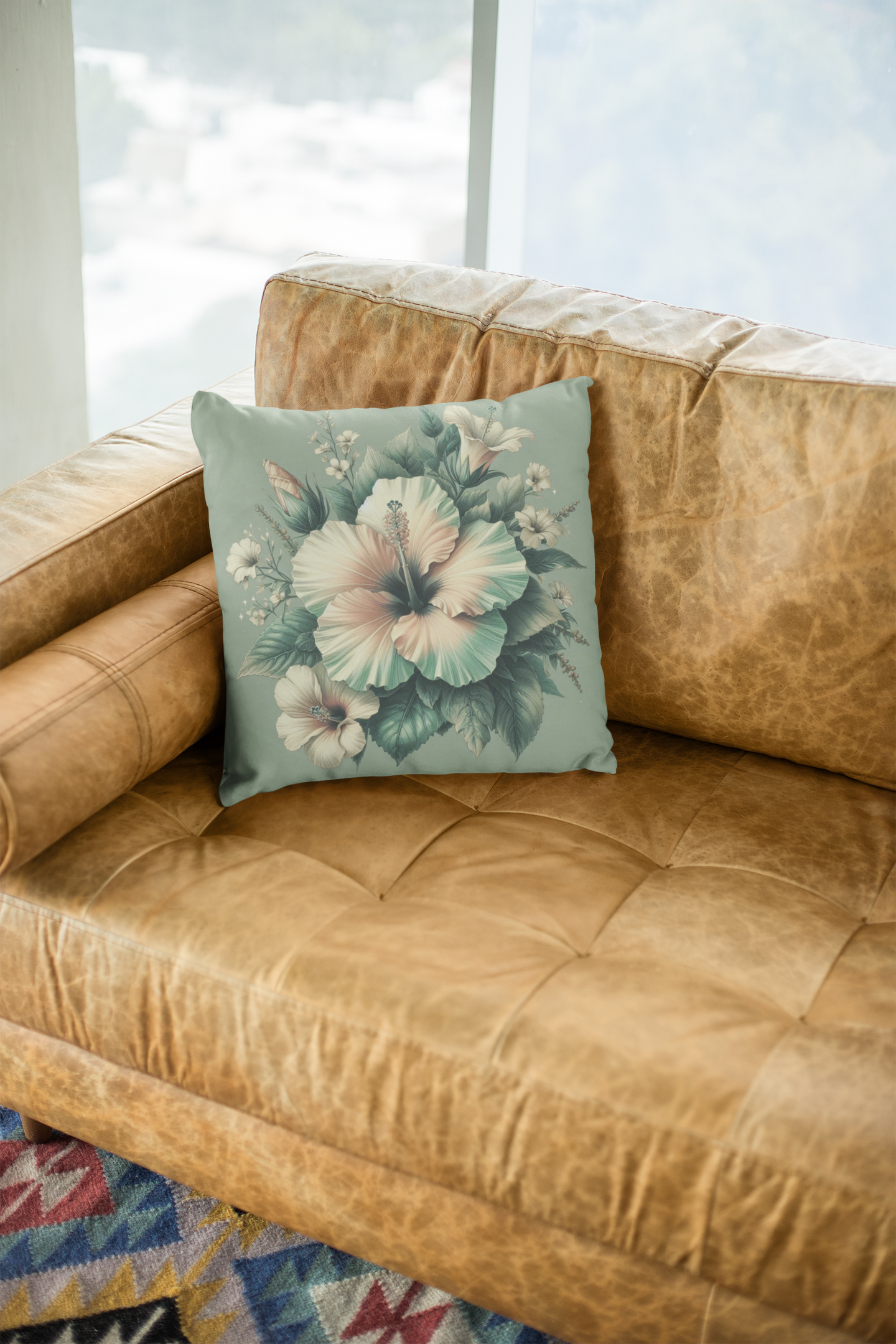 Square Pillow - Pale Rose and Green Hibiscus Flower Design