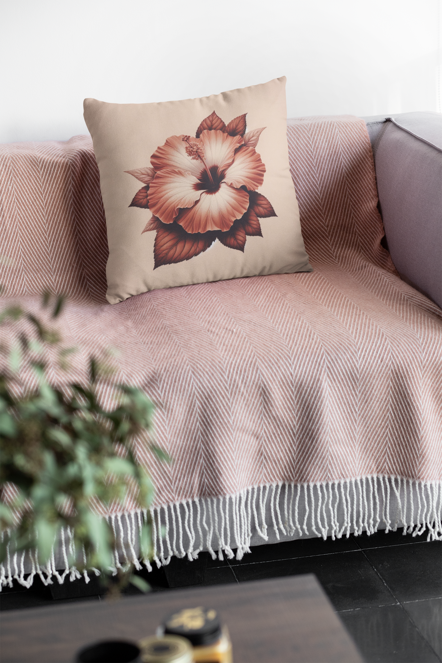 Square Pillow - Terracota Spring Trendy Palette with Beautiful Hibiscus Flower Design