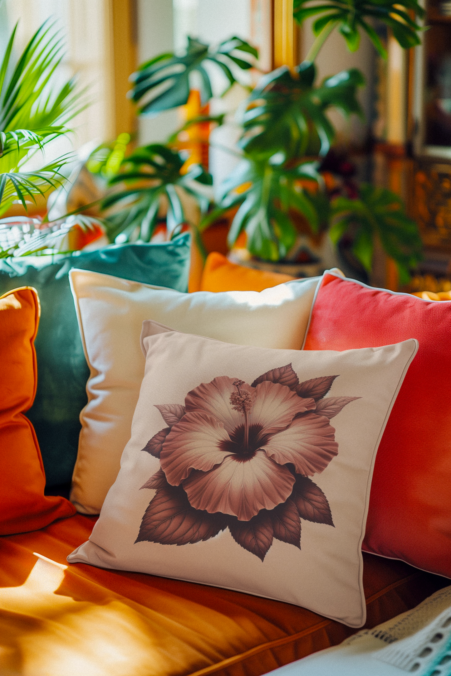 Square Pillow - Terracota Spring Trendy Palette with Beautiful Hibiscus Flower Design