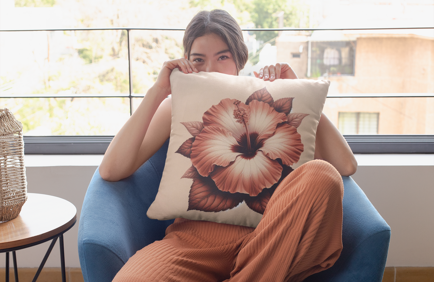 Square Pillow - Terracota Spring Trendy Palette with Beautiful Hibiscus Flower Design