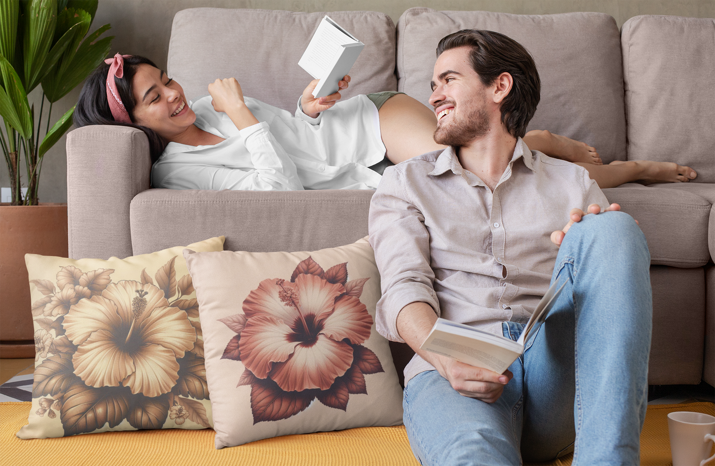 Square Pillow - Terracota Spring Trendy Palette with Beautiful Hibiscus Flower Design