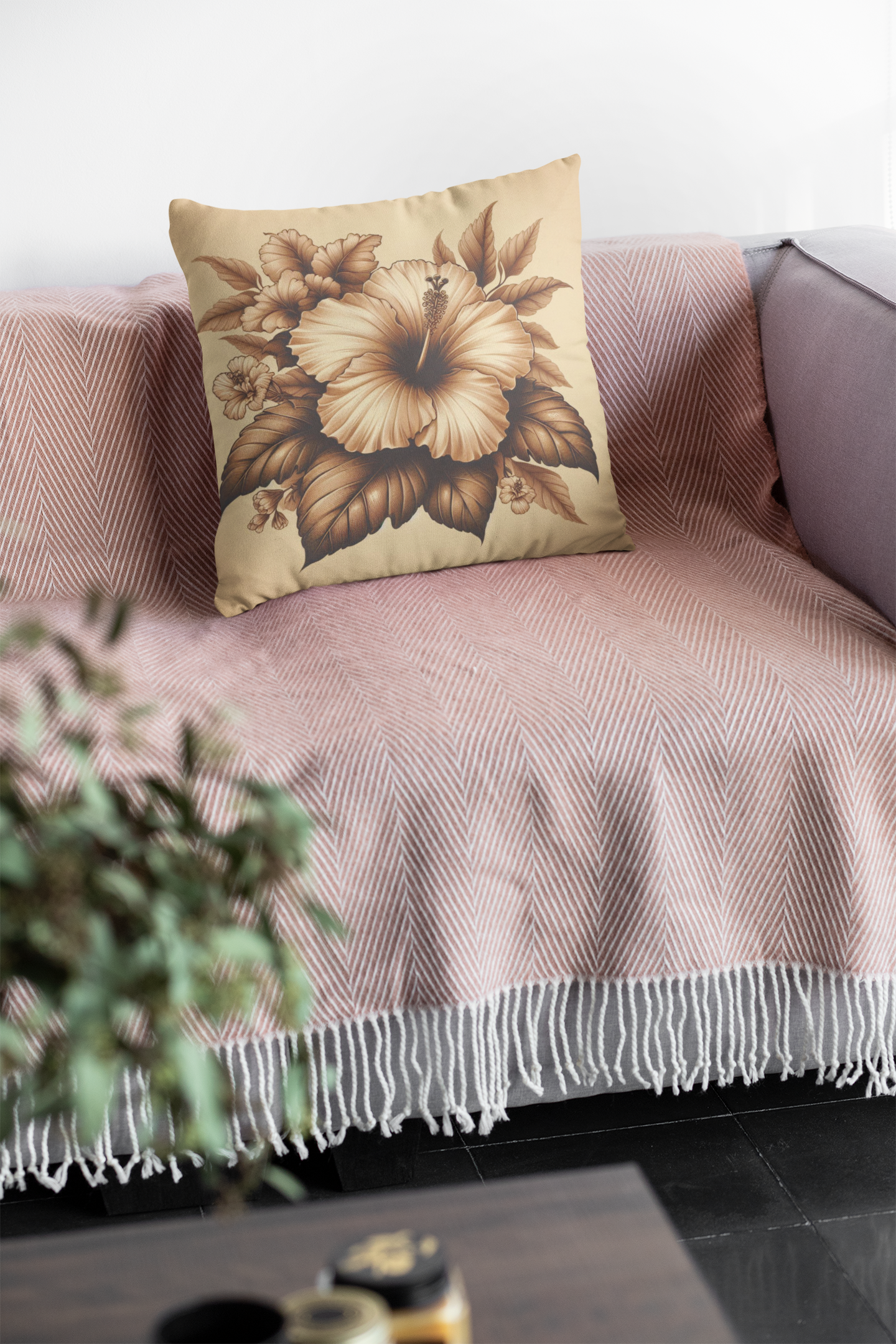 Square Pillow Hibiscus Tropical Flower Beige Palette Spring Decor