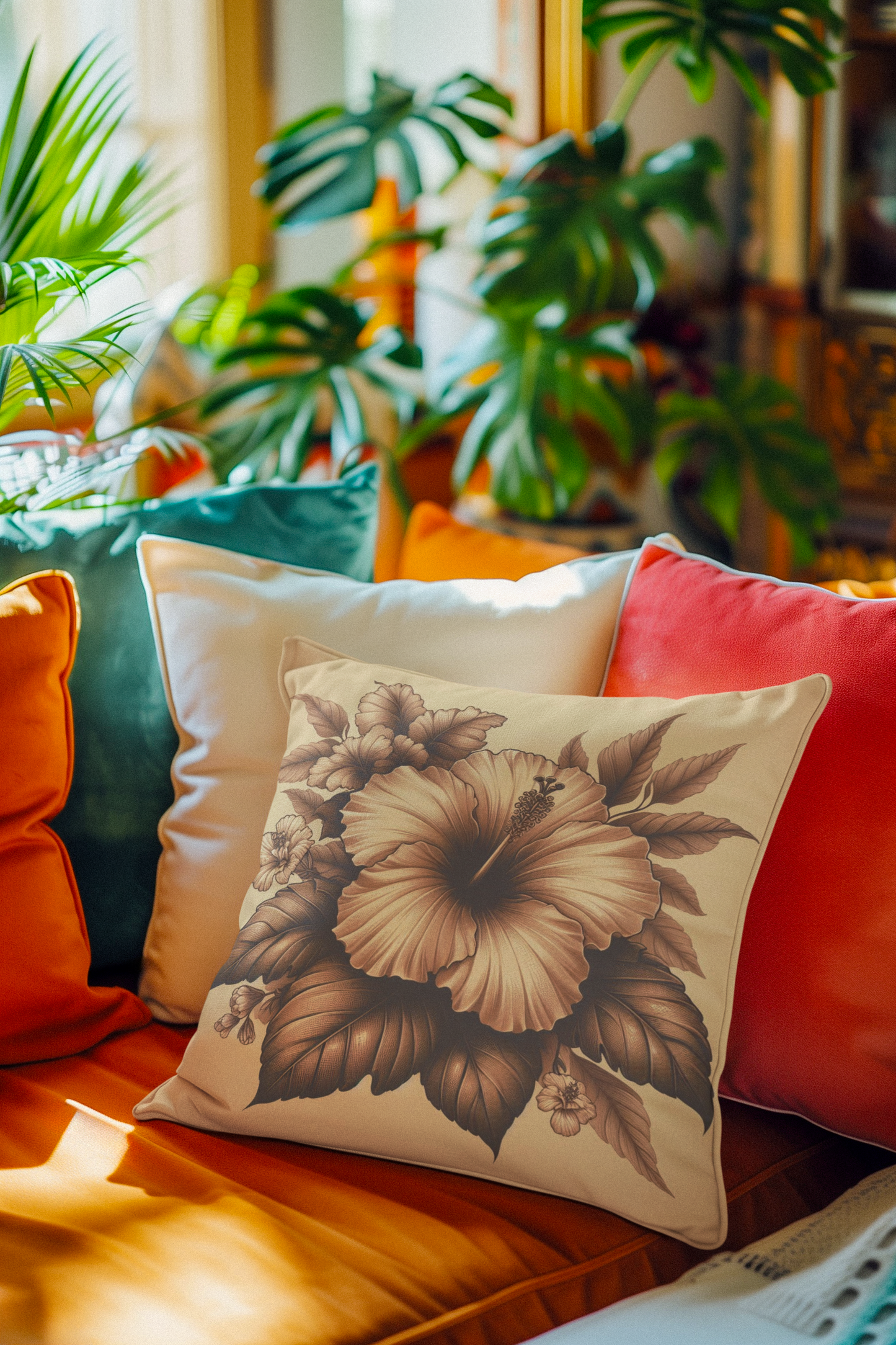 Square Pillow Hibiscus Tropical Flower Beige Palette Spring Decor