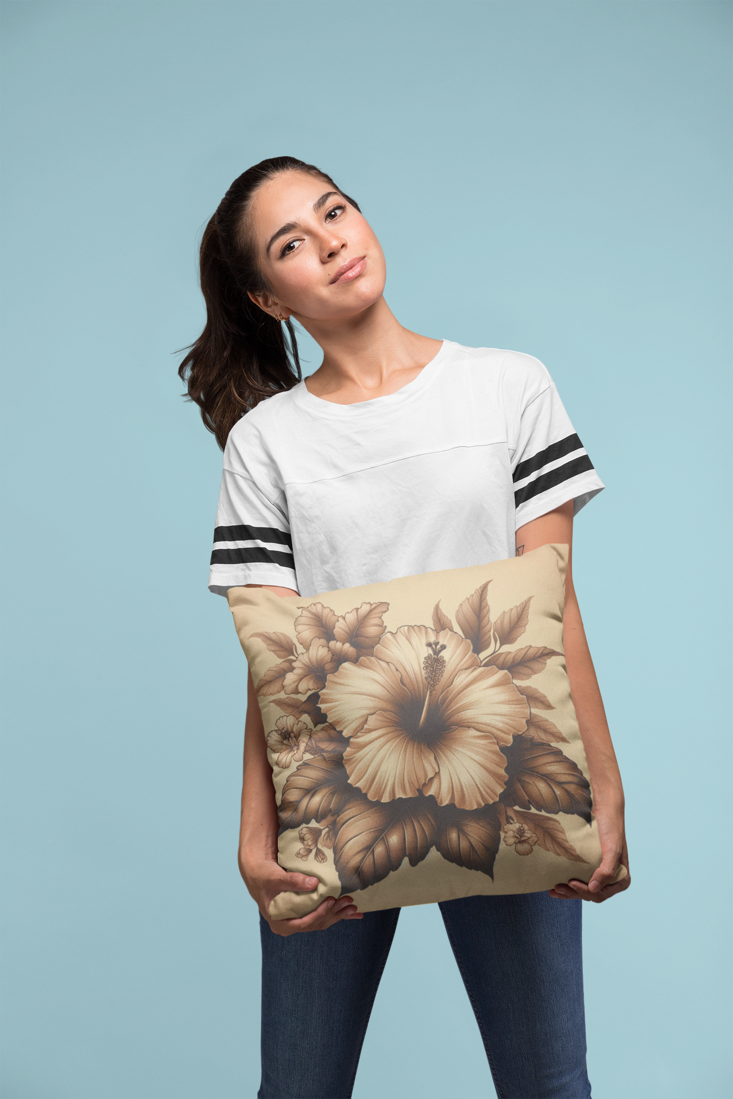 Square Pillow Hibiscus Tropical Flower Beige Palette Spring Decor