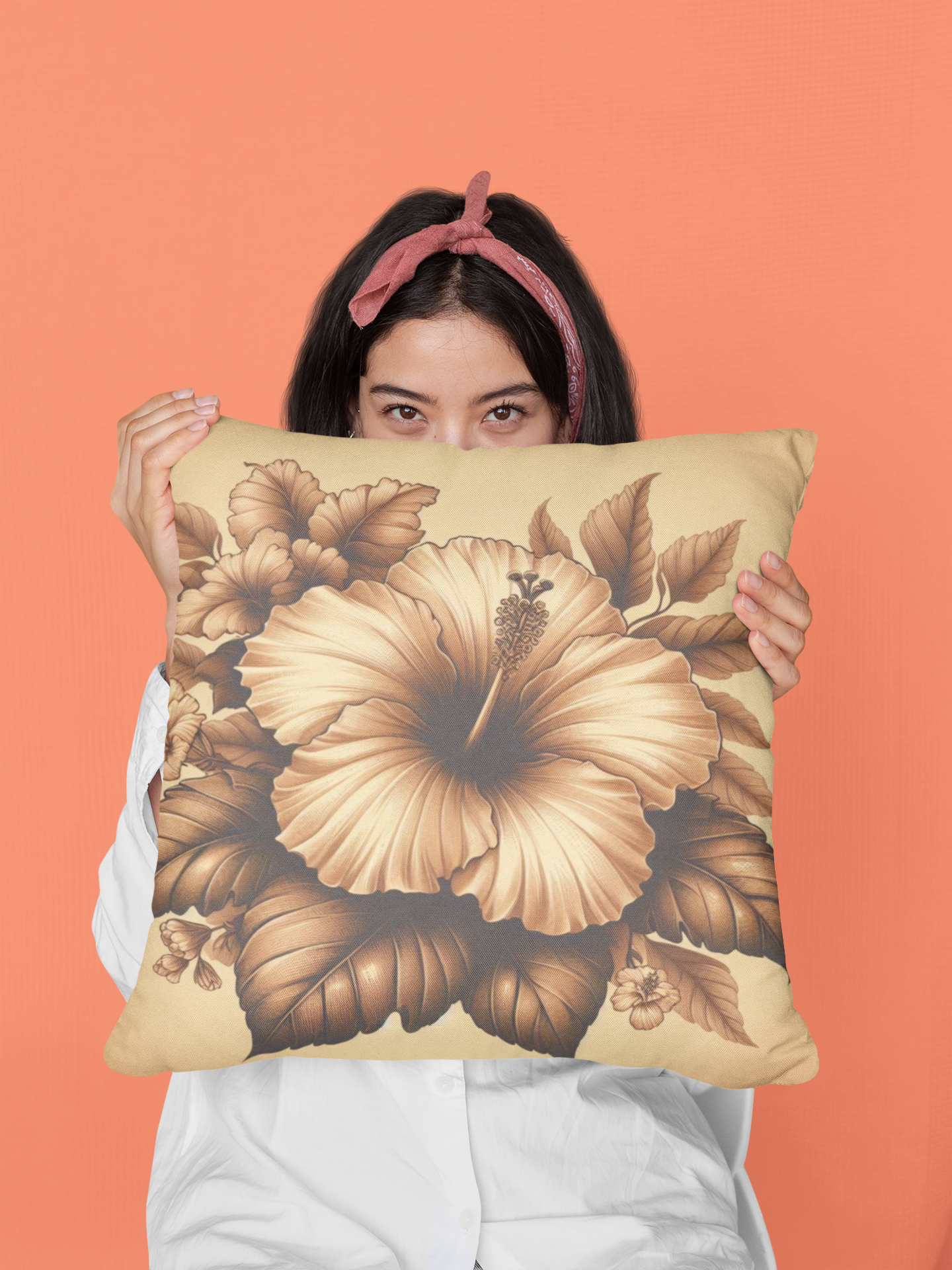 Square Pillow Hibiscus Tropical Flower Beige Palette Spring Decor