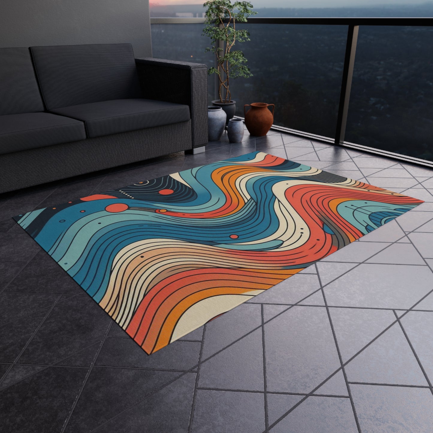 Tapis d'extérieur Bohemian Vibes - Motif de vagues colorées pour patios et terrasses