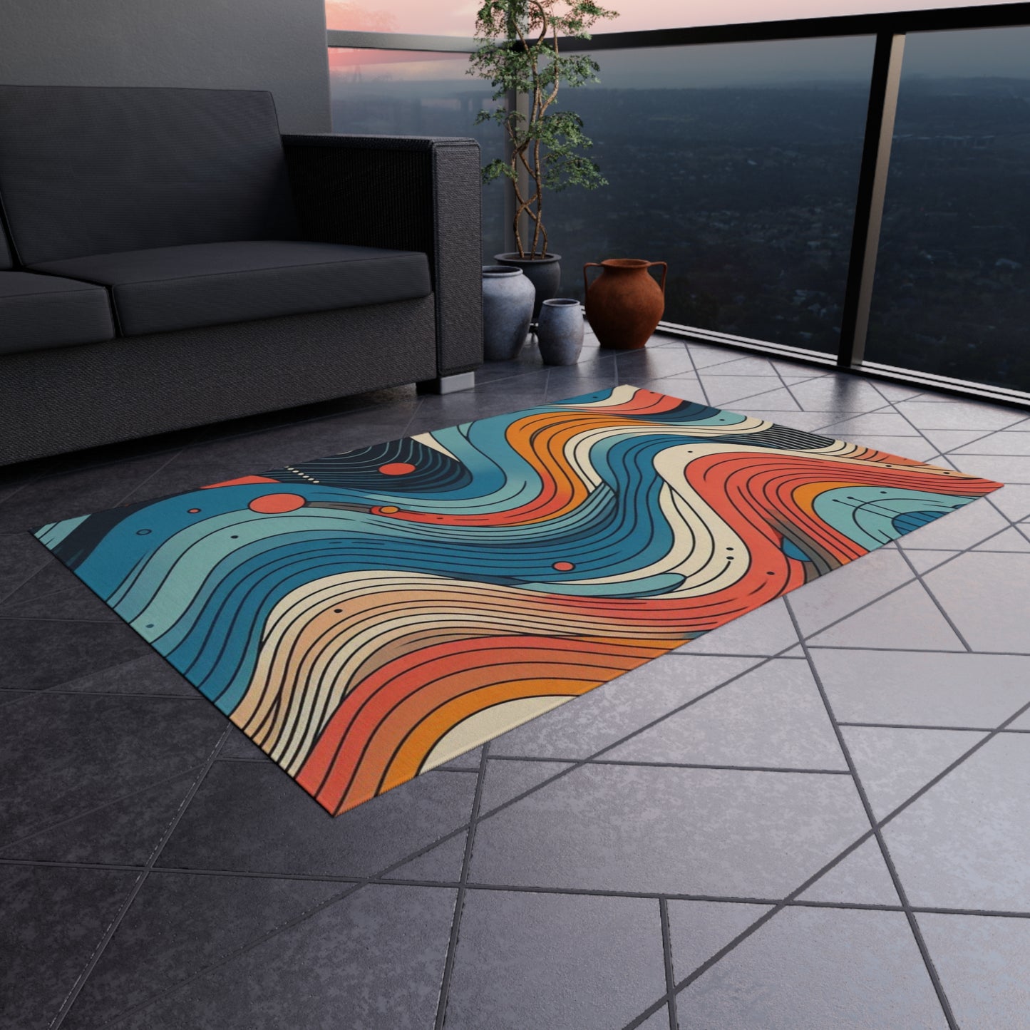 Tapis d'extérieur Bohemian Vibes - Motif de vagues colorées pour patios et terrasses