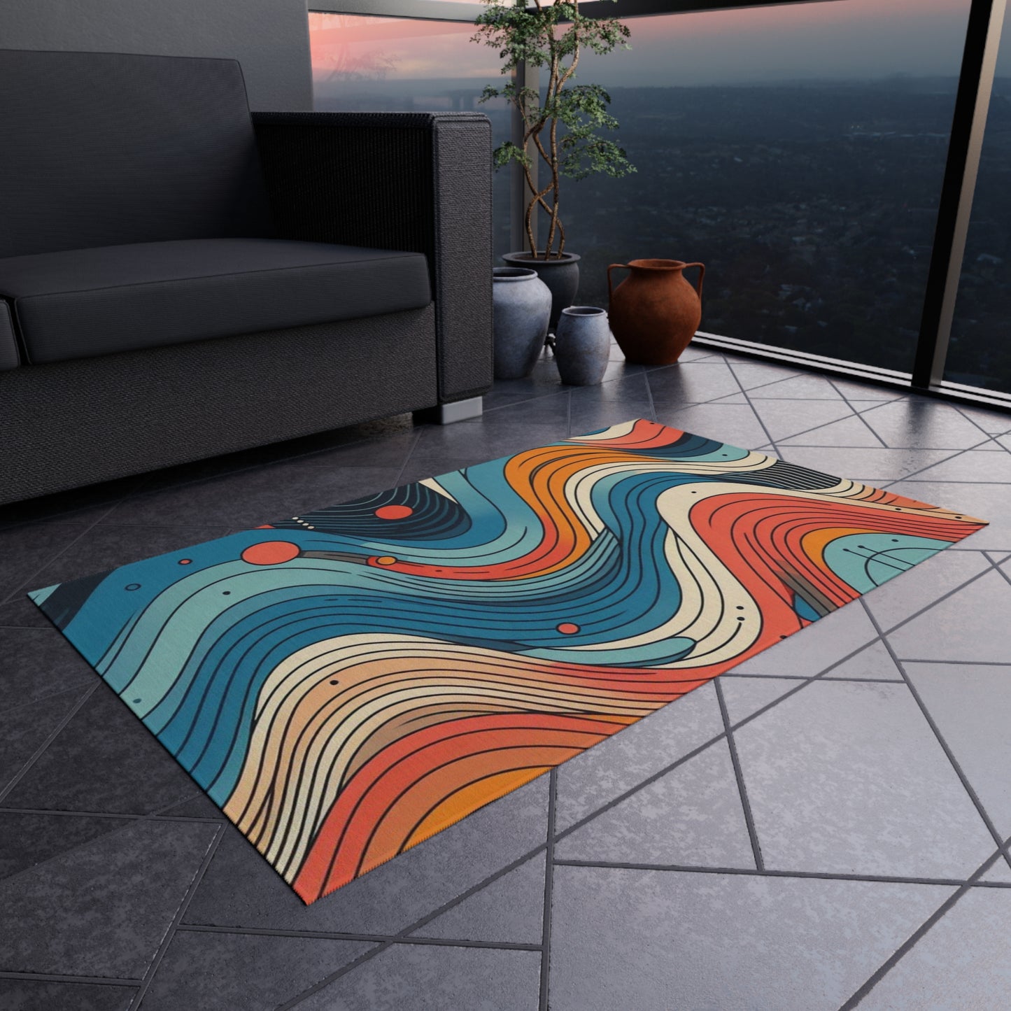 Tapis d'extérieur Bohemian Vibes - Motif de vagues colorées pour patios et terrasses