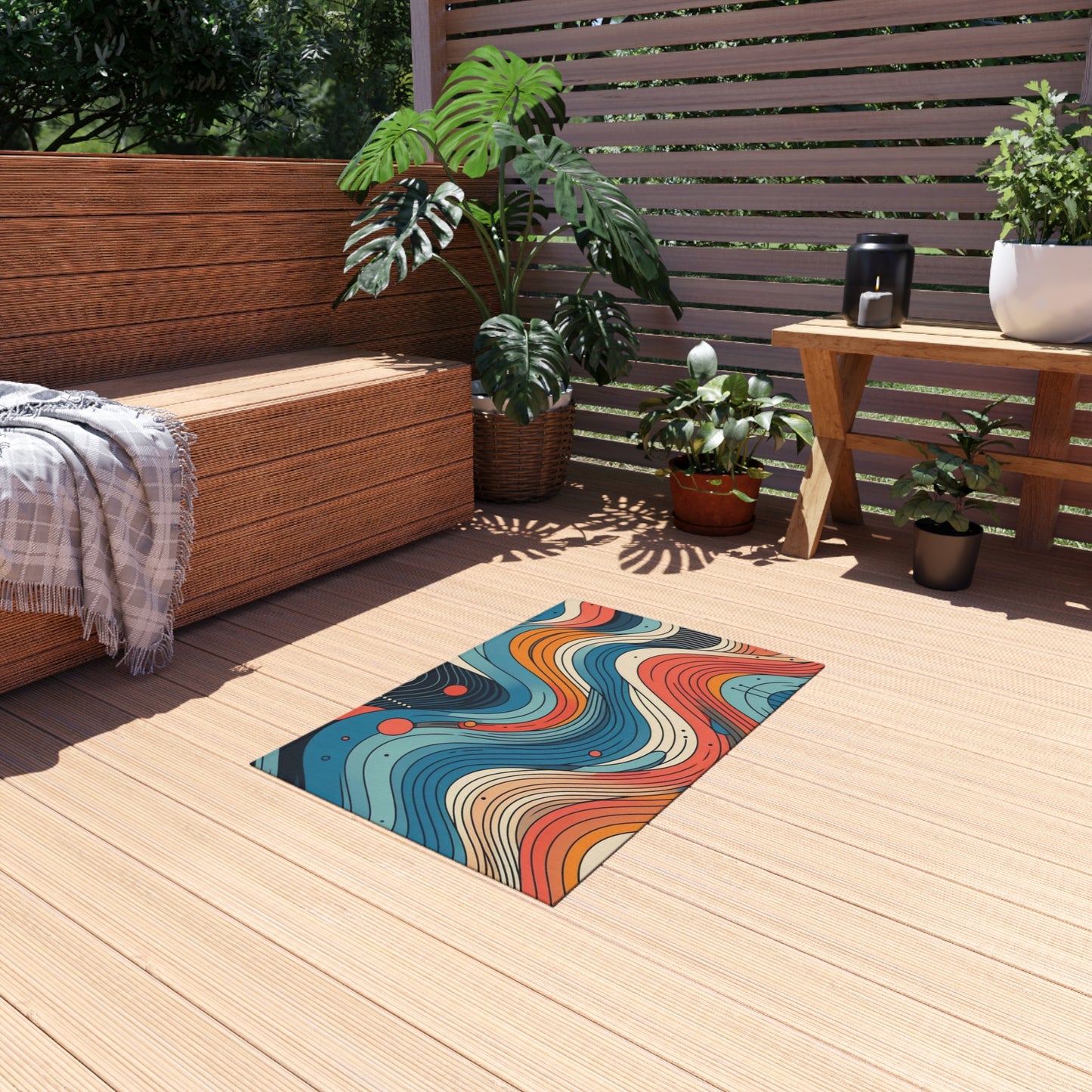 Tapis d'extérieur Bohemian Vibes - Motif de vagues colorées pour patios et terrasses