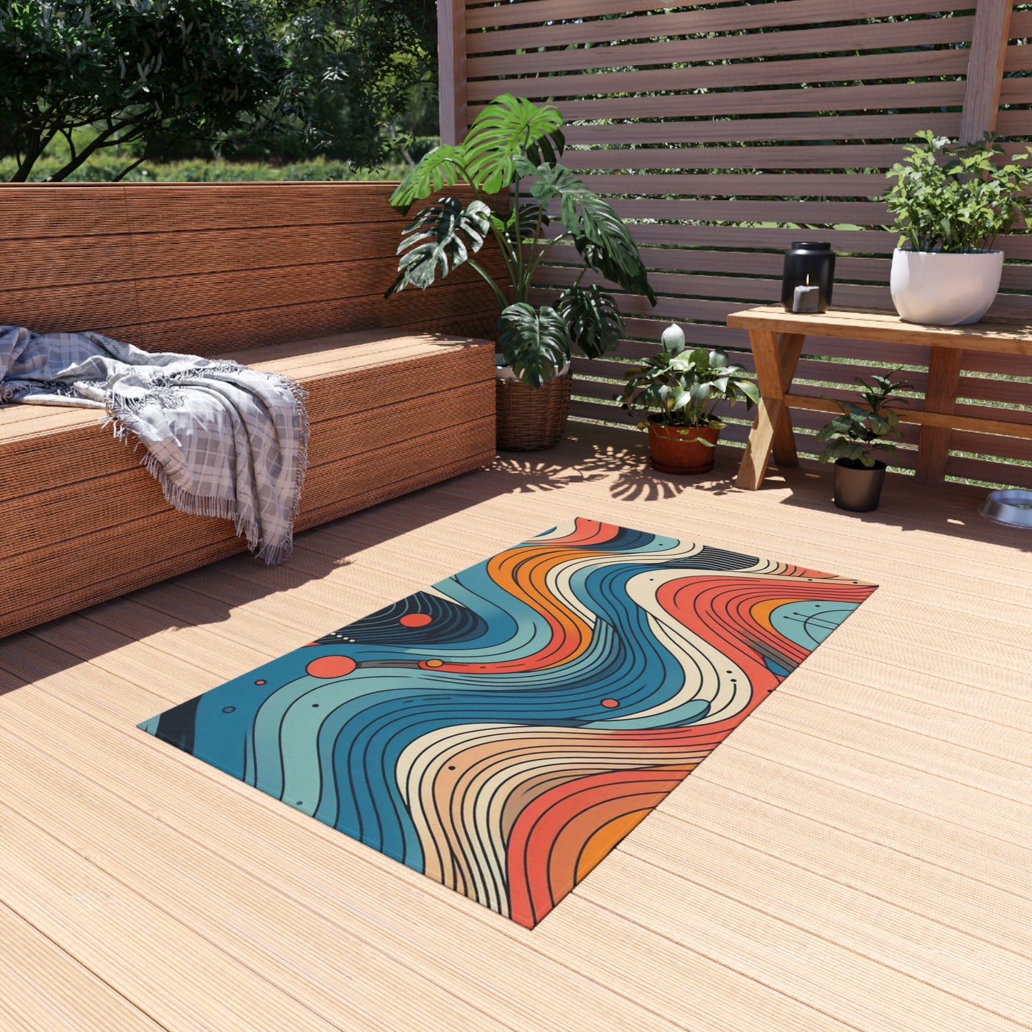 Tapis d'extérieur Bohemian Vibes - Motif de vagues colorées pour patios et terrasses