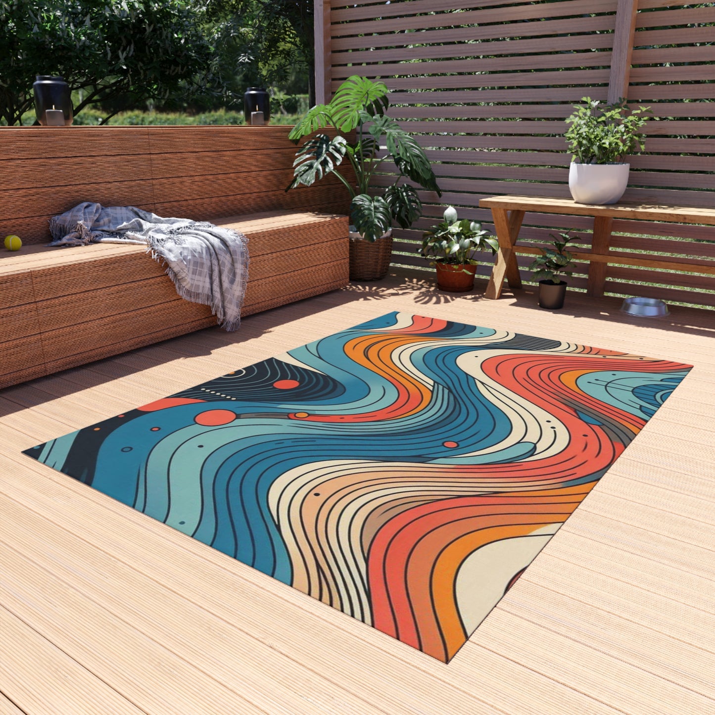 Tapis d'extérieur Bohemian Vibes - Motif de vagues colorées pour patios et terrasses